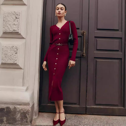 Robe Longue Boutonnée à Col V