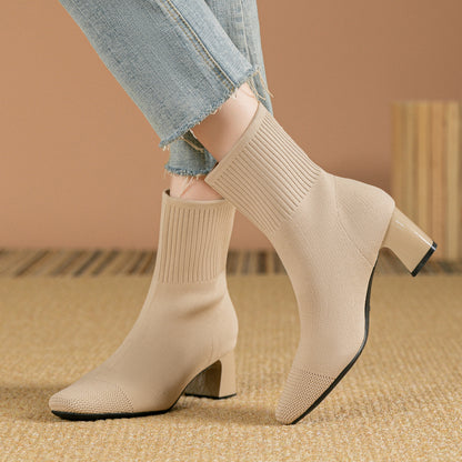 Bottines Chaussettes en Maille à Talon Épais
