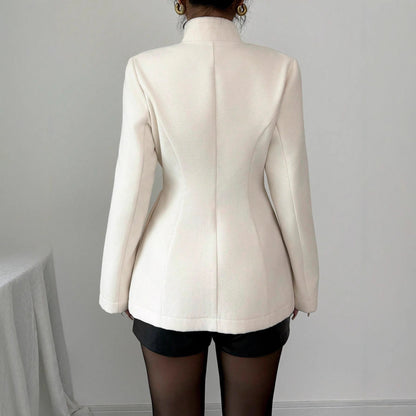 Manteau Femme en Laine Cintré à Boutons - Blanc Cassé