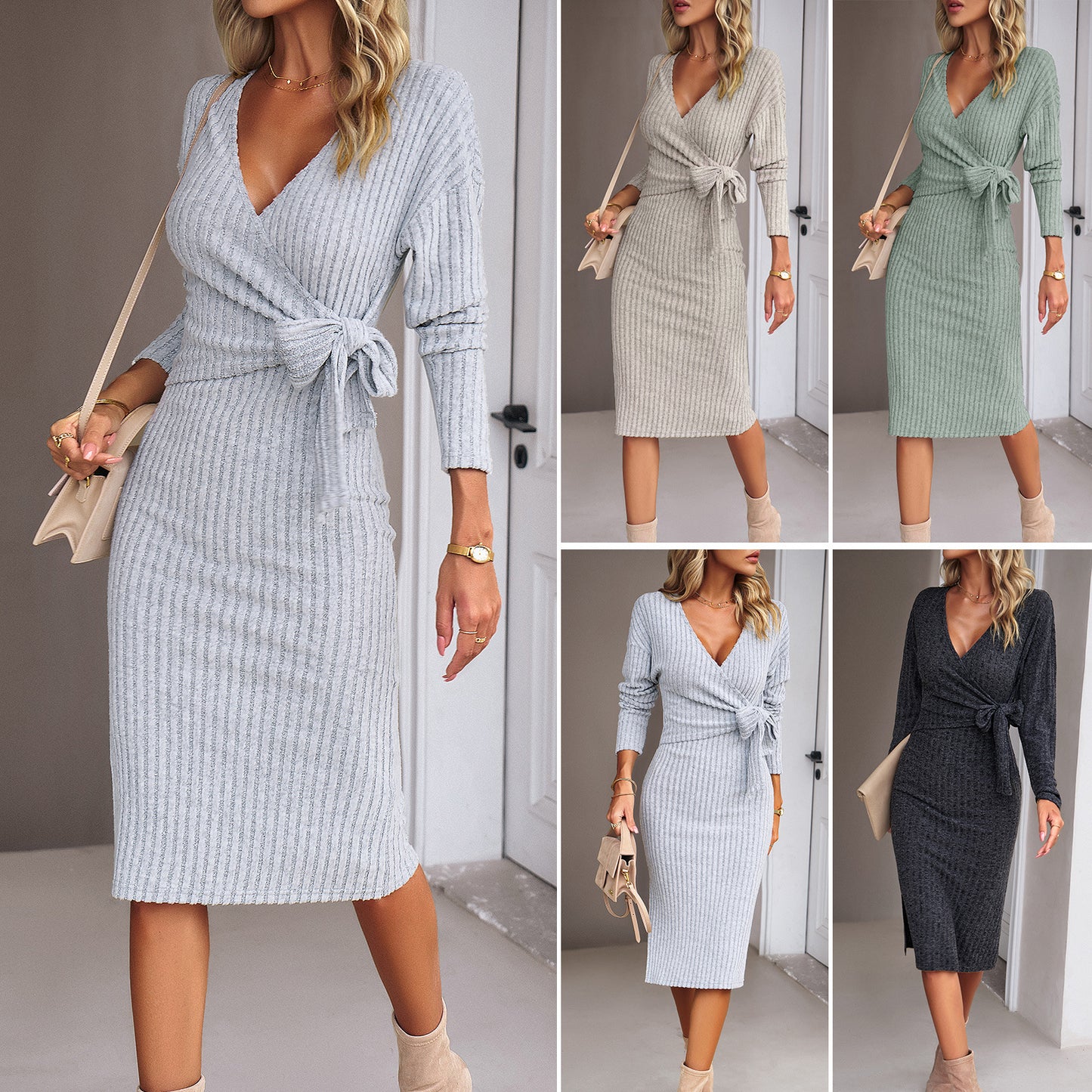 Robe tricotée à col V et manches longues automne-hiver