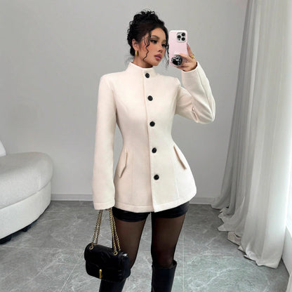 Manteau Femme en Laine Cintré à Boutons - Blanc Cassé