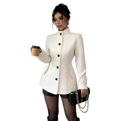 Manteau Femme en Laine Cintré à Boutons - Blanc Cassé