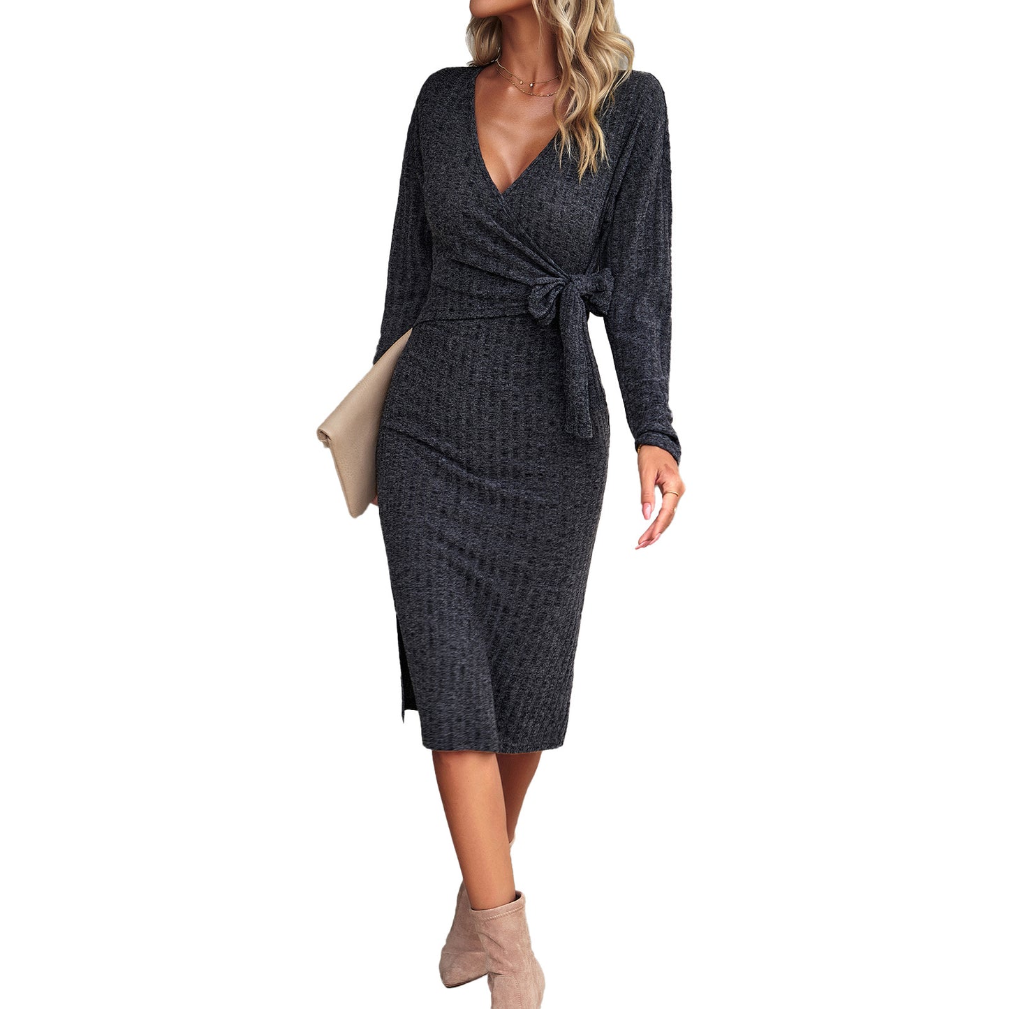 Robe tricotée à col V et manches longues automne-hiver