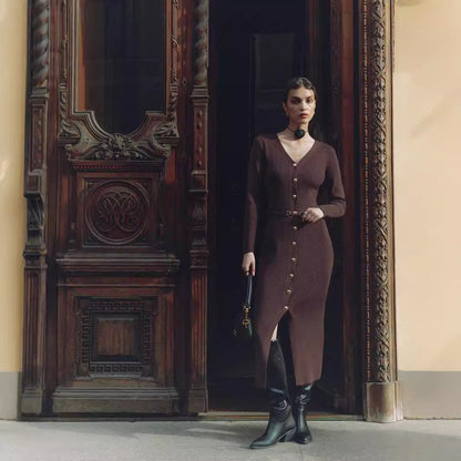 Robe Longue Boutonnée à Col V