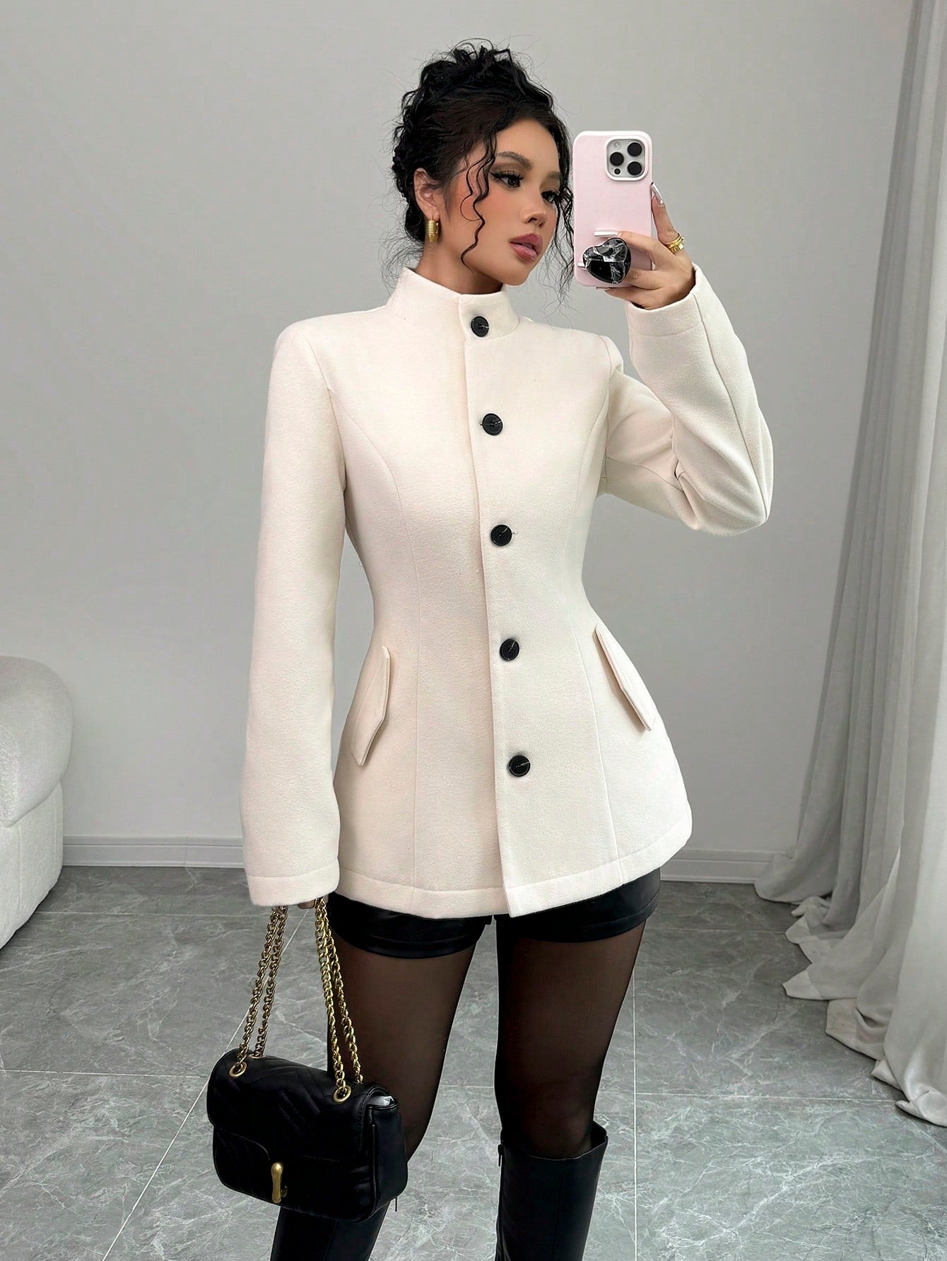 Manteau Femme en Laine Cintré à Boutons - Blanc Cassé