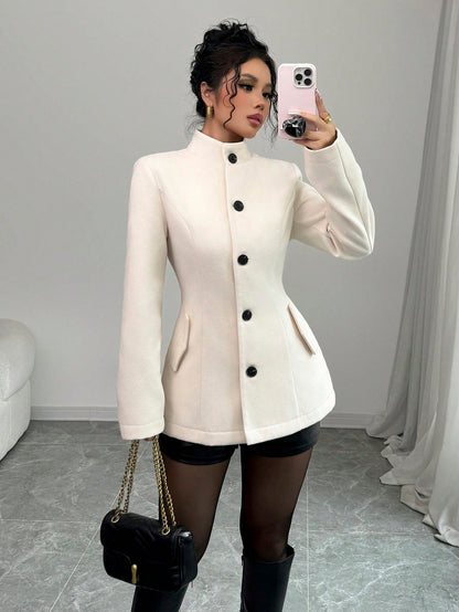 Manteau Femme en Laine Cintré à Boutons - Blanc Cassé