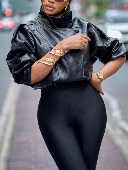 Veste Cropped Chic en Similicuir Noir – Col Montant & Manches Bouffantes