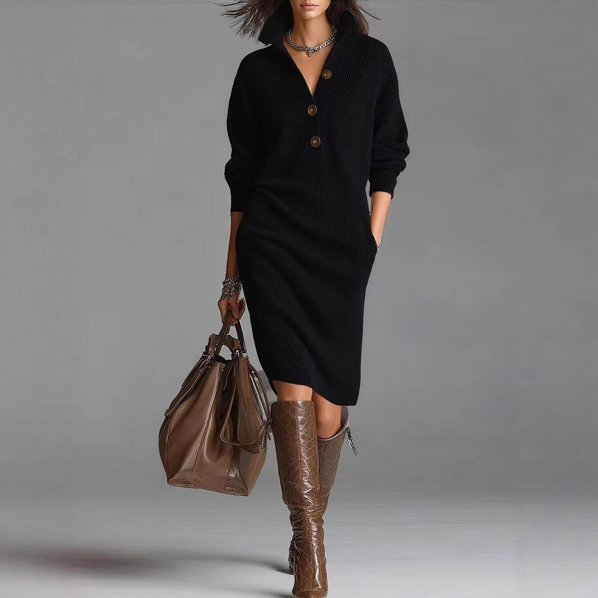 Robe Pull Chic à Revers