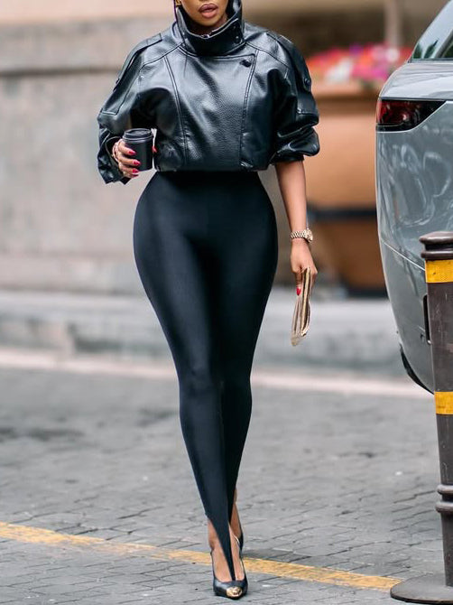Veste Cropped Chic en Similicuir Noir – Col Montant & Manches Bouffantes