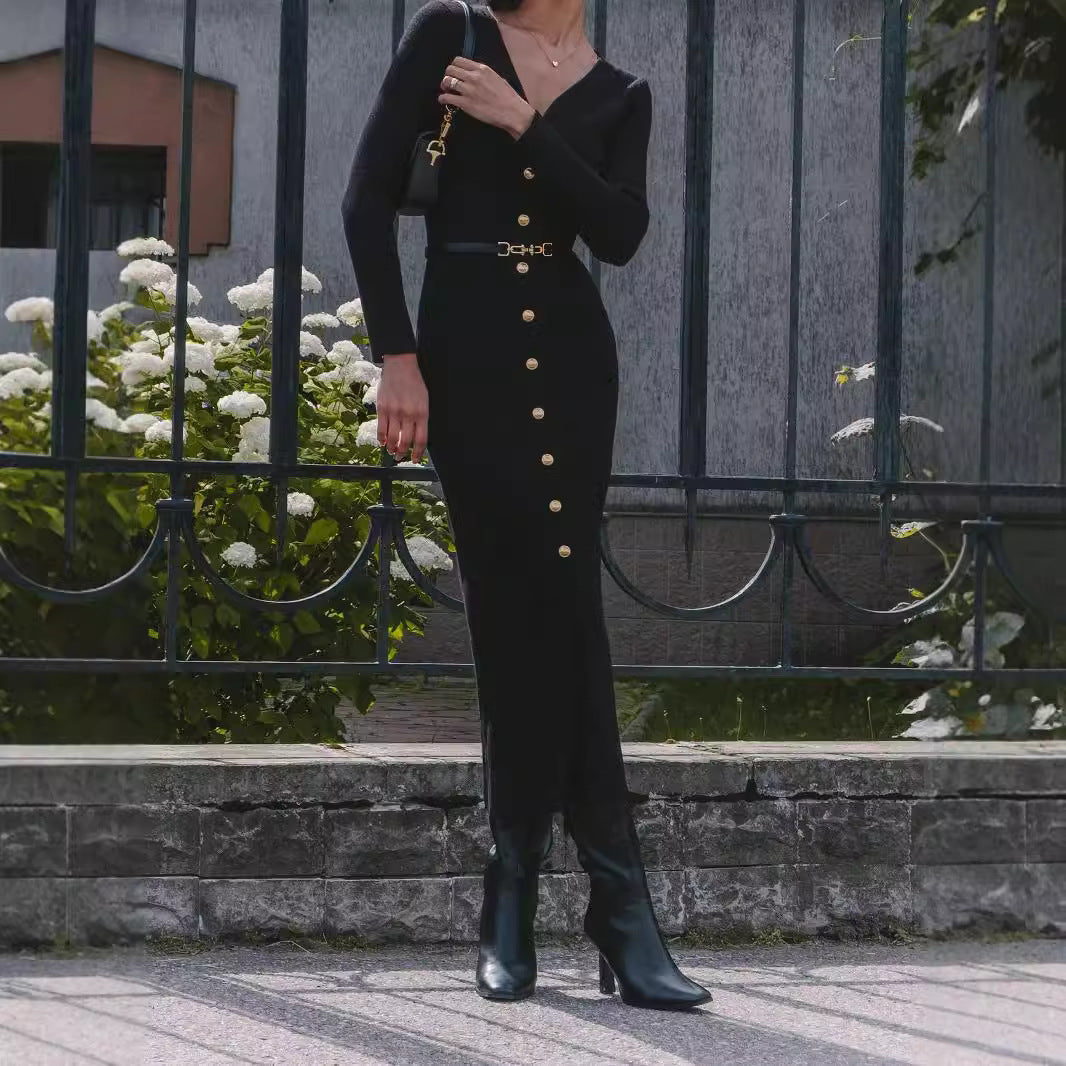 Robe Longue Boutonnée à Col V