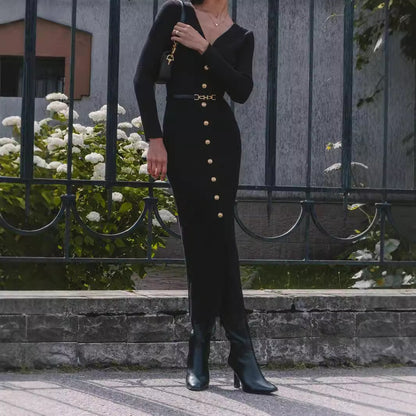 Robe Longue Boutonnée à Col V